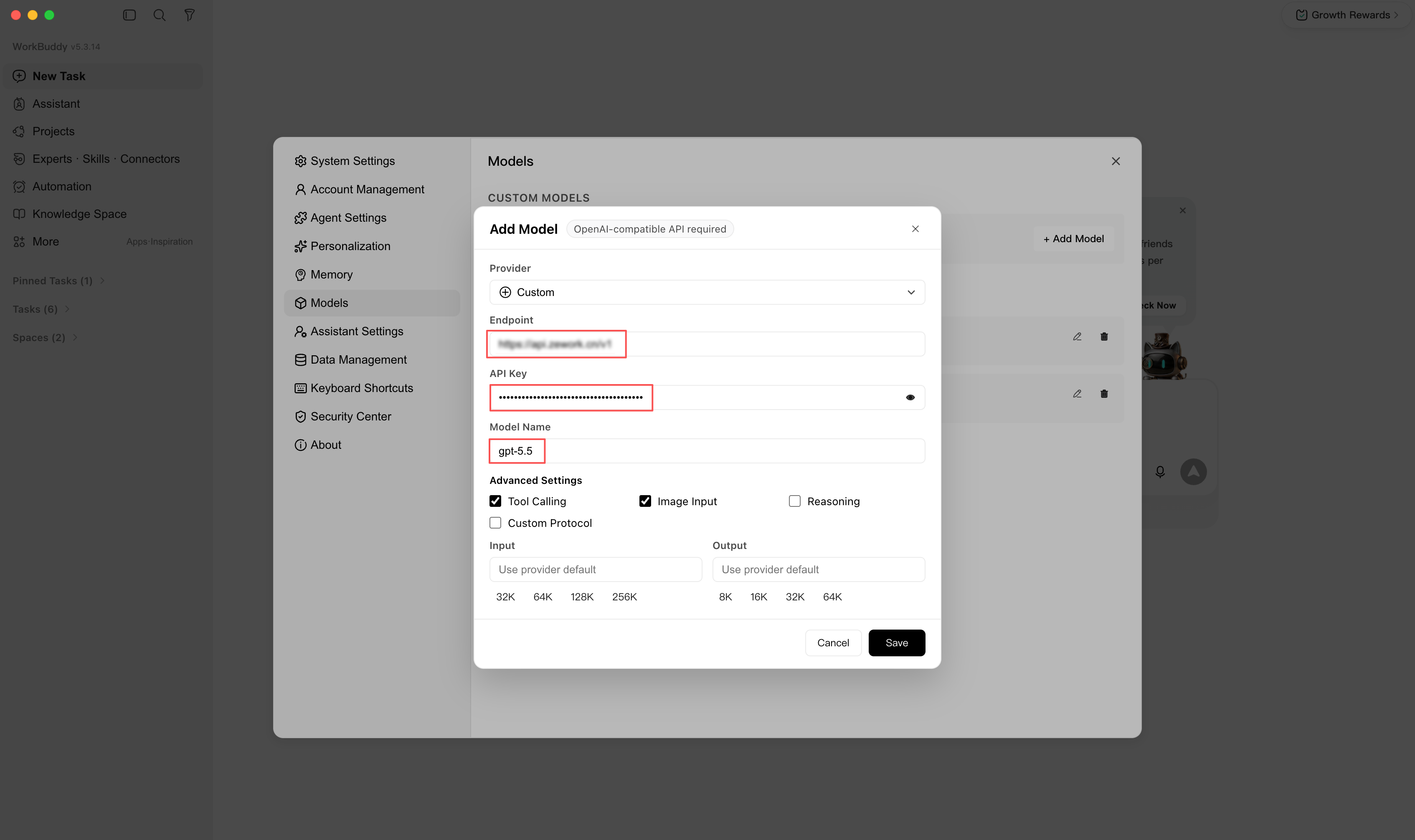 WorkBuddy form with the endpoint, API key, and model name filled in