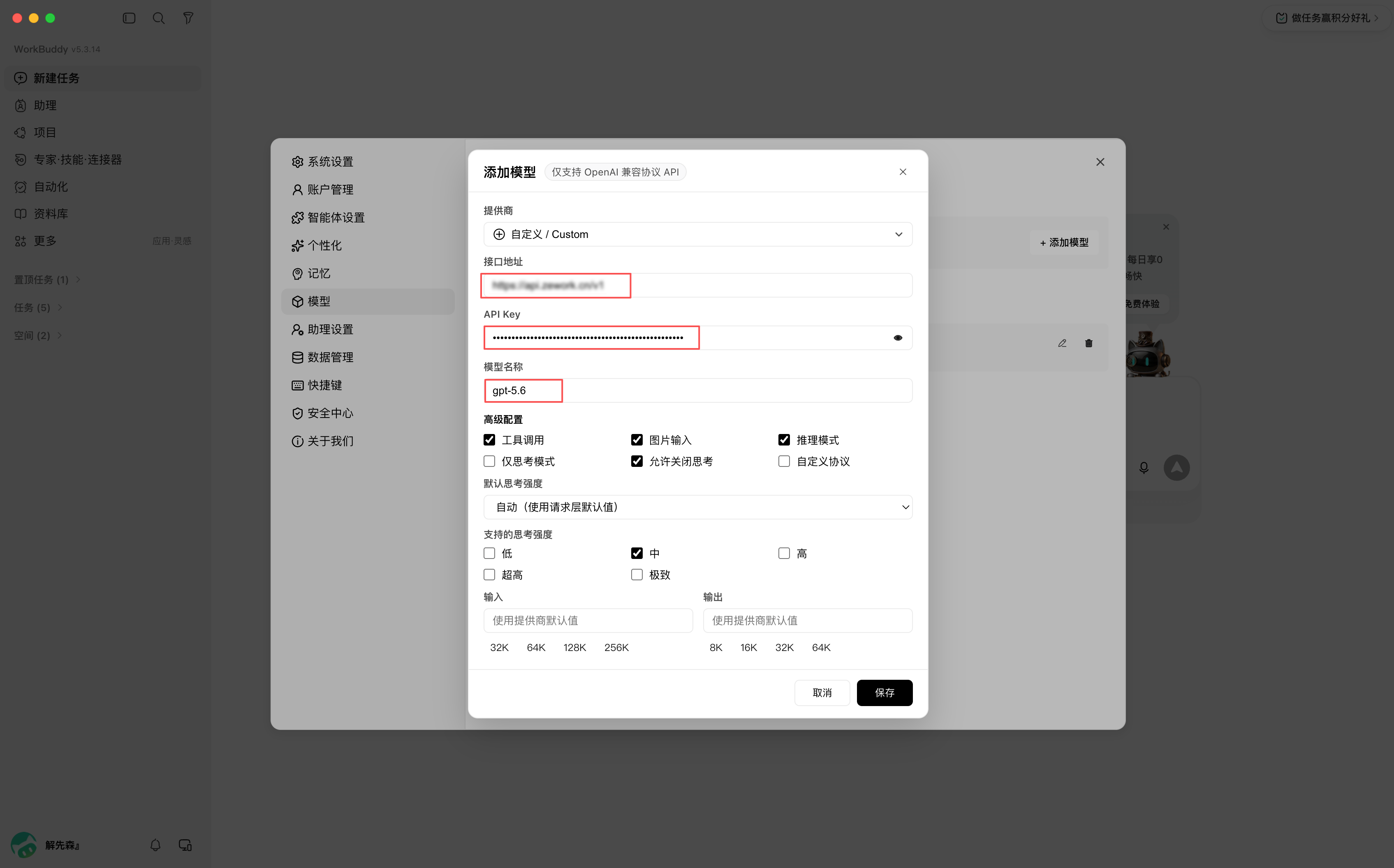 WorkBuddy 填完接口地址、API Key 与模型名称的界面