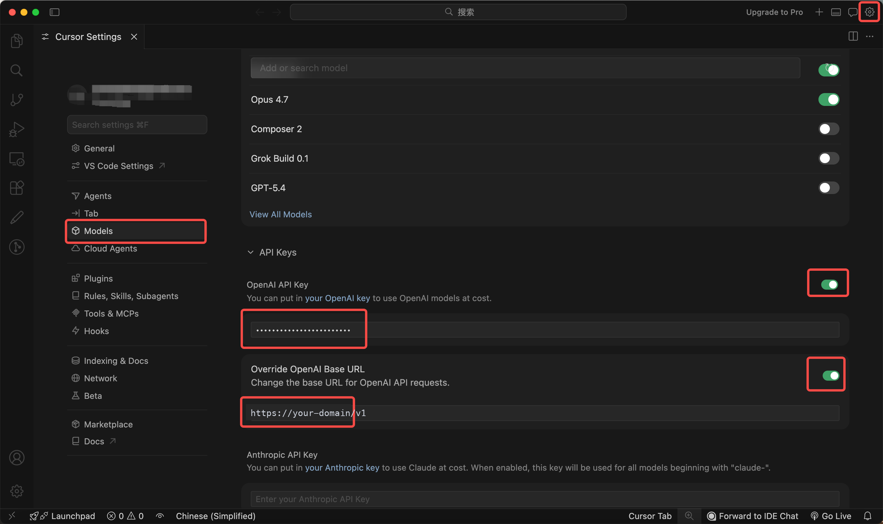 Cursor 配置完成后的 Models 页面